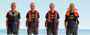 Pictures of Sean wearing a life jacket in different ways